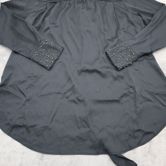 Pleated Shirt Womens Black Long Sleeve Rhinestone Beaded Button Tunic Blouse - Picture 13 of 16
